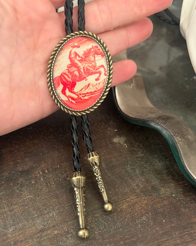 Vintage Cowboy Bolo Tie Gifts for Him Cabochon Indian Leather Cowboy Necktie Accessories Mens Necklace Bola Leather Bronco Rodeo Horse image 1