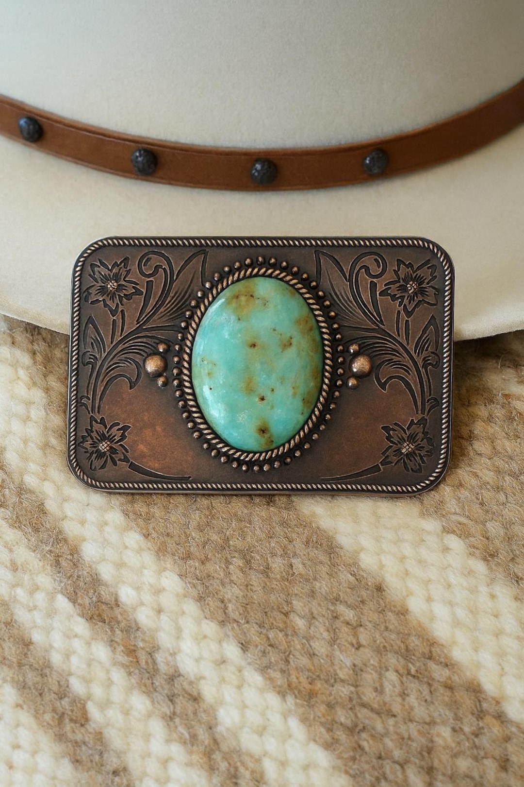 Copper Turquoise Western Belt Buckle: Engraved Bronze Flower  display picture 2
