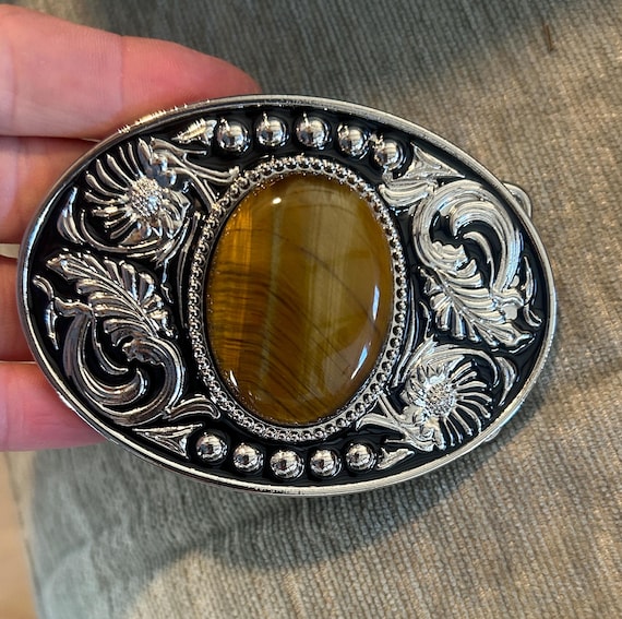 Tigers Eye Belt Buckle : Antique Gold or Silver Western  display picture 2