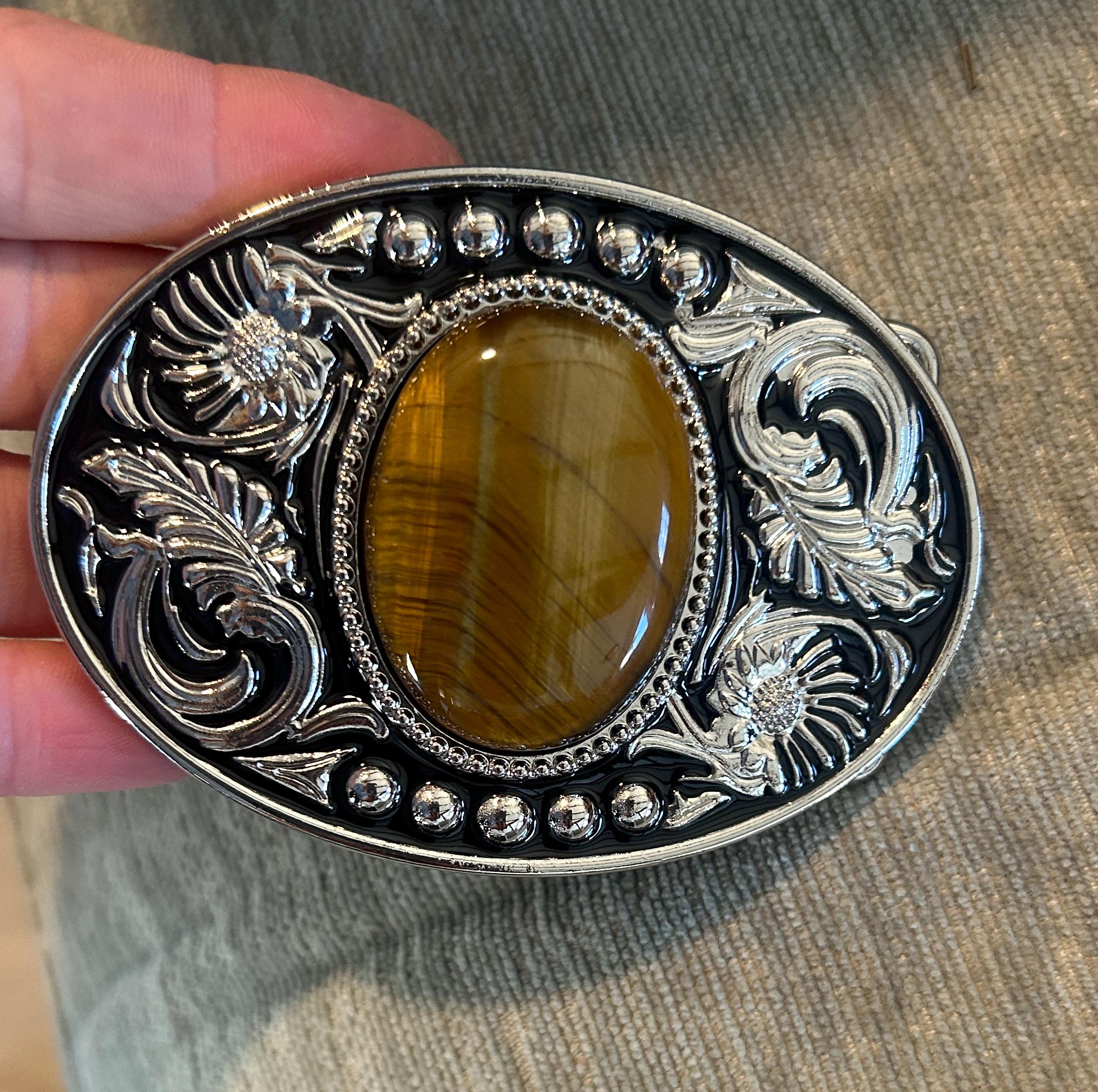 Tigers Eye Belt Buckle : Antique Gold or Silver Western 