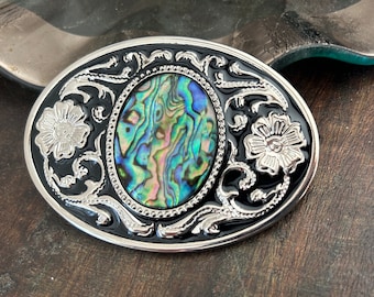 Abalone Shell Belt Buckle - Inlay Cameo Cabochon - Western Engraved Silver Background - Turquoise Womens Gift Idea Leather Blue Teal