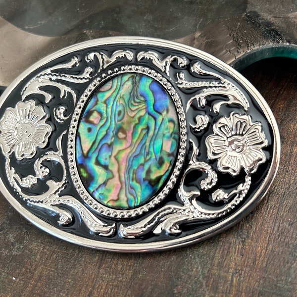 Abalone Muschel Gürtelschnalle - Inlay Cameo Cabochon - Western Gravur Silber Hintergrund - Türkis Damen Geschenkidee Leder Blau Petrol