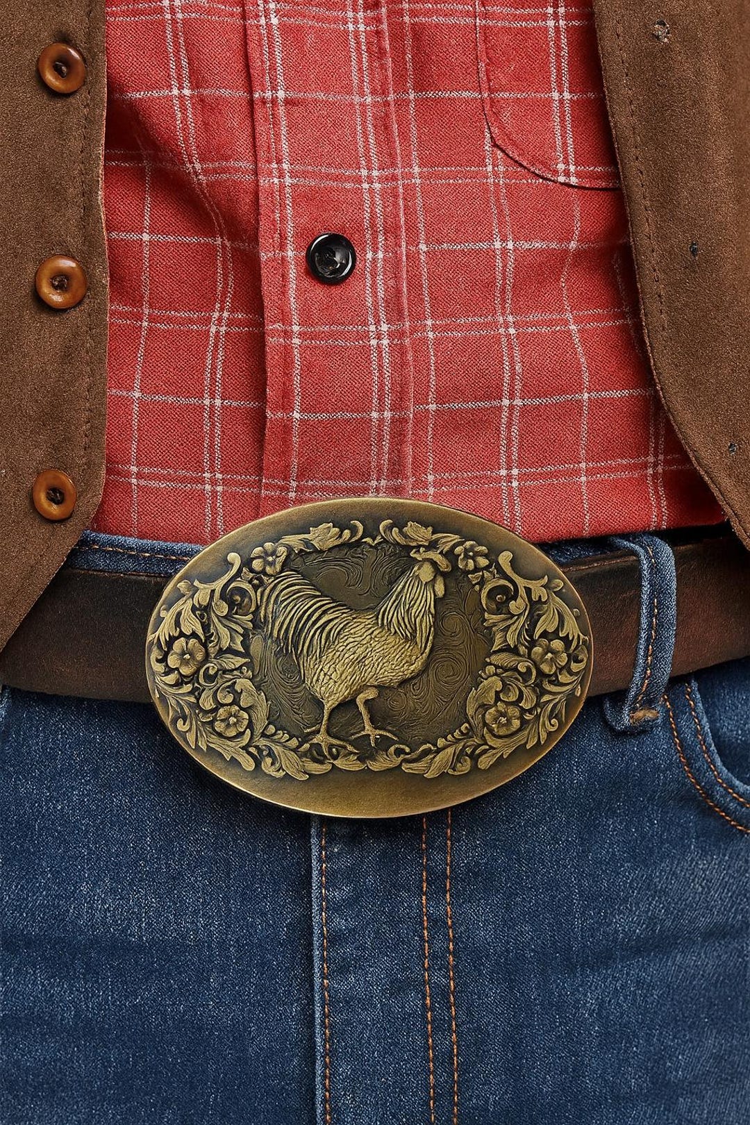 Boucle de ceinture vintage en laiton massif, armoiries de la