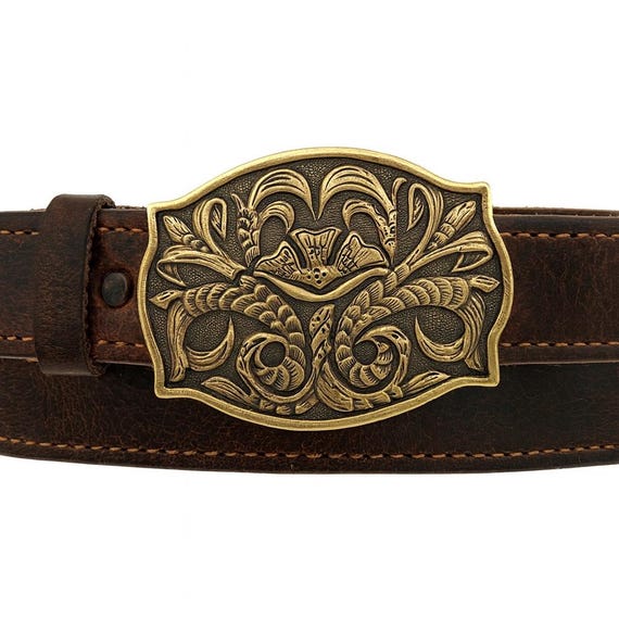 Engraved Brass Western Belt Buckle: Floral Lily Leaf Design  display picture 2