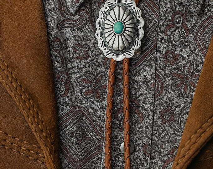 Southwestern Turquoise Bolo Tie - Handmade Leather Cowboy Necktie