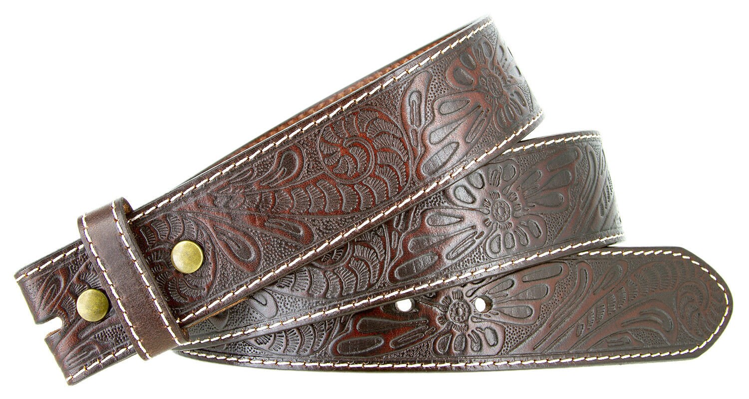 Tooled Dark Brown Leather Snap Belt Strap 100 Full Grain Etsy