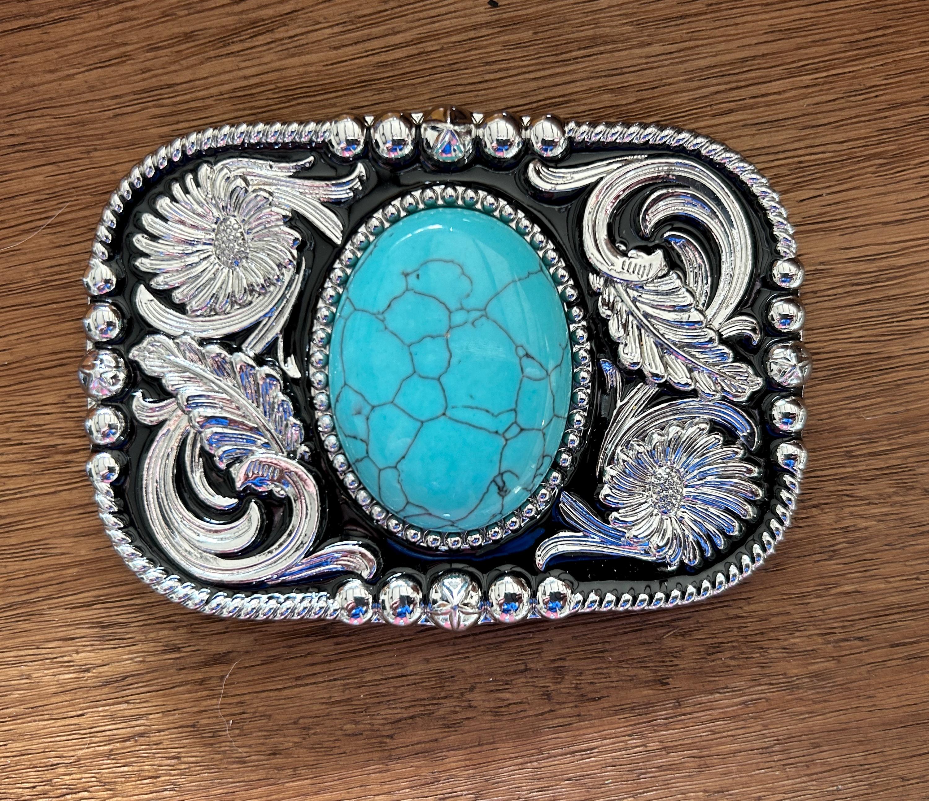 Vintage Womens Floral Motif Turquoise Gem Stone Silver Western Belt Buckle Teal Turquoise Stone Belt Buckle: Western Cowboy Silver  main image 2