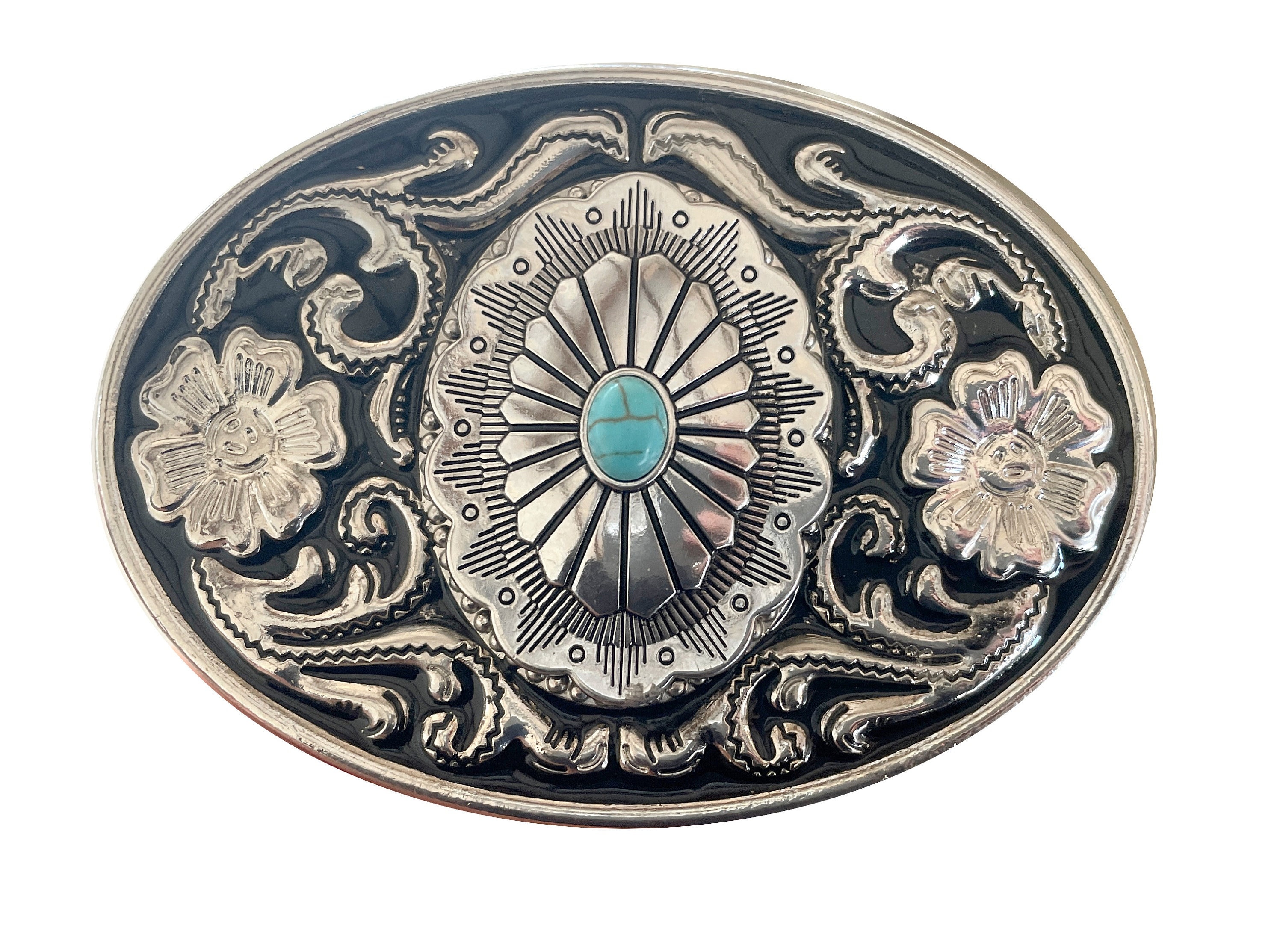 Womens Western Oval Polished Stone Belt Buckle Turquoise Western Belt Buckle: Engraved Silver Oval Cabochon  main image 2