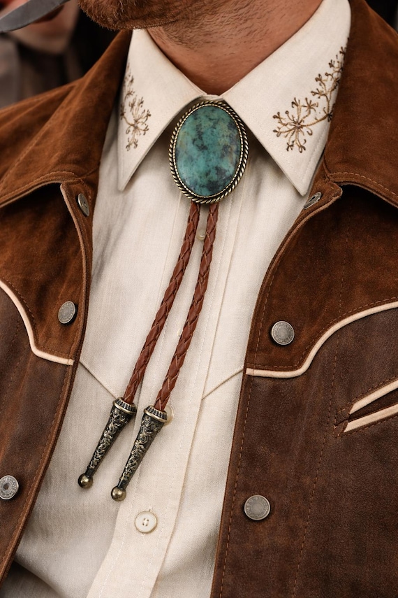 African Turquoise Bolo Tie: Oval Stone, Leather Cord, Southwestern Necktie