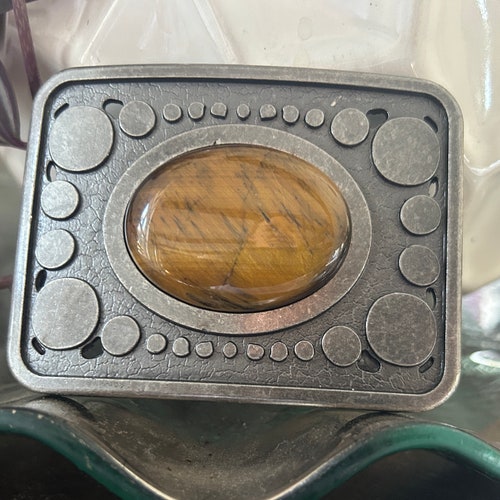 Vintage Tigers Eye Belt Buckle: Western Silver Engraved Design