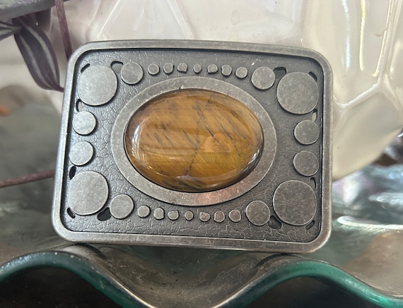 Vintage Tigers Eye Belt Buckle: Western Silver Engraved  display picture 1