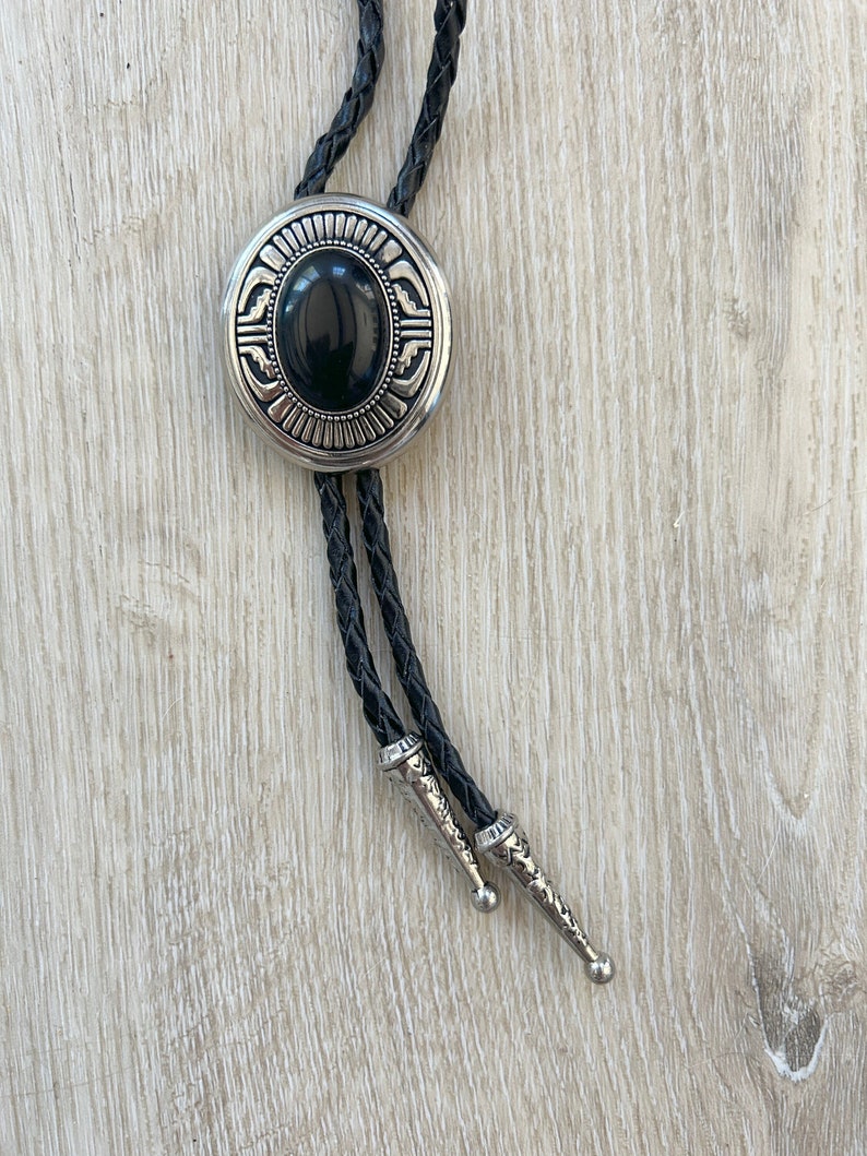 Southwestern Black Stone Bolo Tie Gifts for Him Cabochon Indian Leather Cowboy Necktie Accessories Mens Necklace Leather Cord Woven image 1