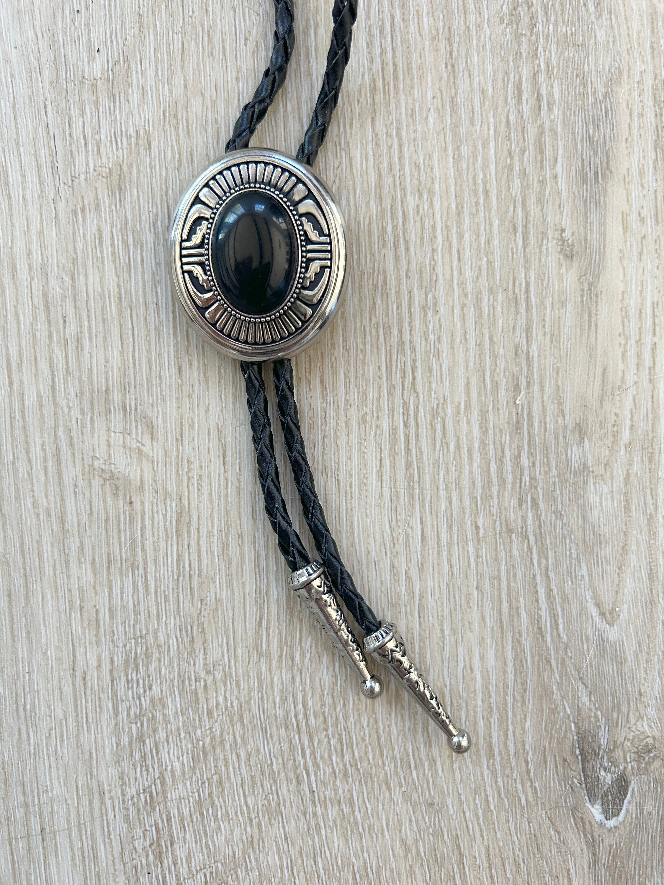 Southwestern Black Stone Bolo Tie - Gifts for Him Cabochon Indian Leather Cowboy Necktie Accessories Mens Necklace - Leather Cord Woven