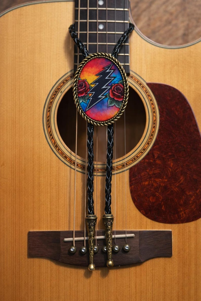 Tie Rocks With String Lightning Bolt & Rose Bolo Tie - Rock N Roll Western Leather Necktie ...