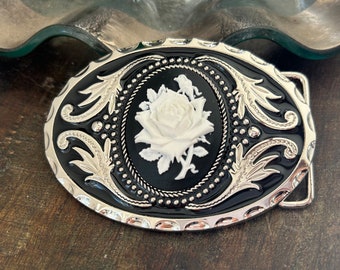 Black Rose Cameo Belt Buckle - Portrait Gold Flower Western Cowgirl Wild West Bouquet Horse Show Gift Costume Goth Cabochon Black Floral