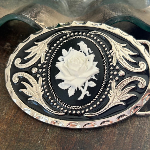 Black Rose Cameo Belt Buckle - Portrait Gold Flower Western Cowgirl Wild West Bouquet Horse Show Gift Costume Goth Cabochon Black Floral