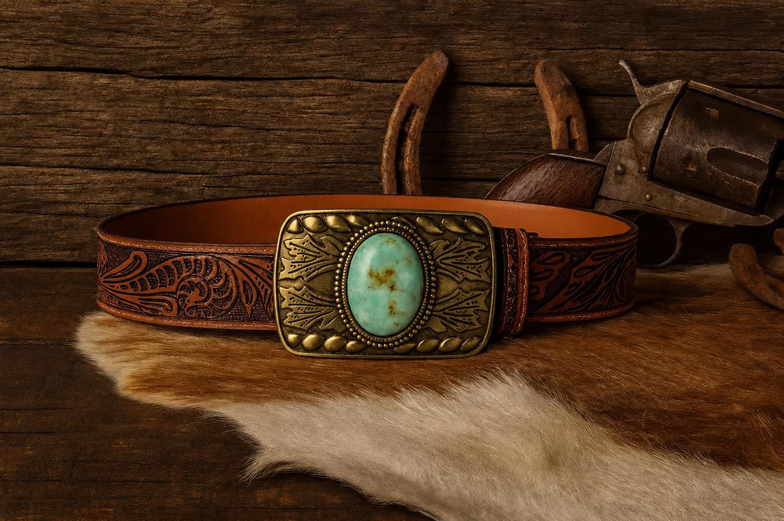 Tooled Brown Leather Belt : Turquoise Stone Western Buckle, Full