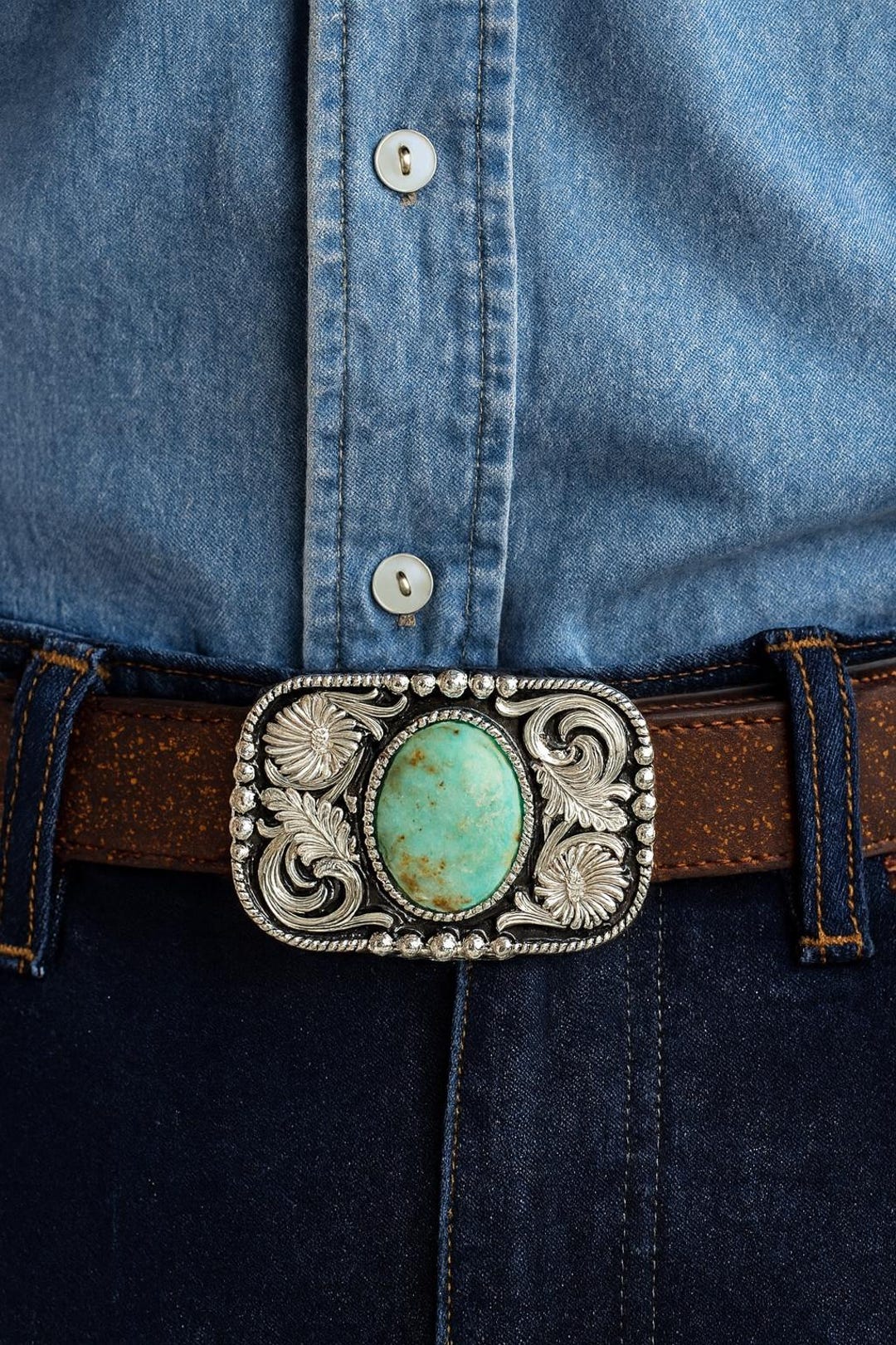 Buy Teal Turquoise Stone Belt Buckle: Western Cowboy Silver Floral