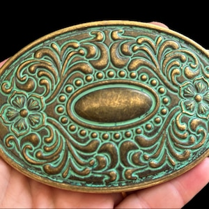 Antike Türkis Gürtelschnalle aus Messing - Patina - Oval eingraviert Western Style Damen Show Cowgirl