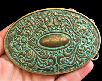 Antique Turquoise Brass Belt Buckle - Patina - Oval Engraved  display picture 1
