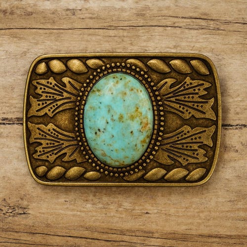 Vintage Western Belt Buckle Turquoise & Gold Tone Stamped Metal USA Vintage Western Belt Buckle: Turquoise, Gold Flakes & Silver  main image 3