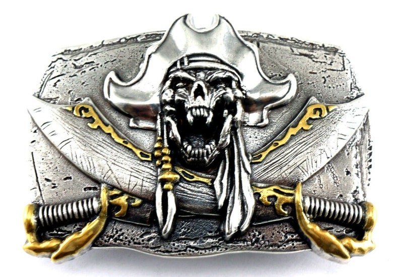 Ship Captain Jack Idea Mustache Eye Patch Large Vintage Pirate Belt Buckle Outlaw Silver Sword