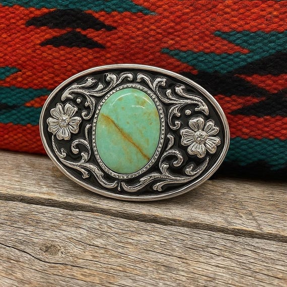 Turquoise Stone Belt Buckle: Engraved Western Silver Design  display picture 1