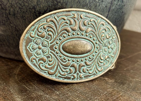 Antique Turquoise Brass Belt Buckle - Patina - Oval Engraved 