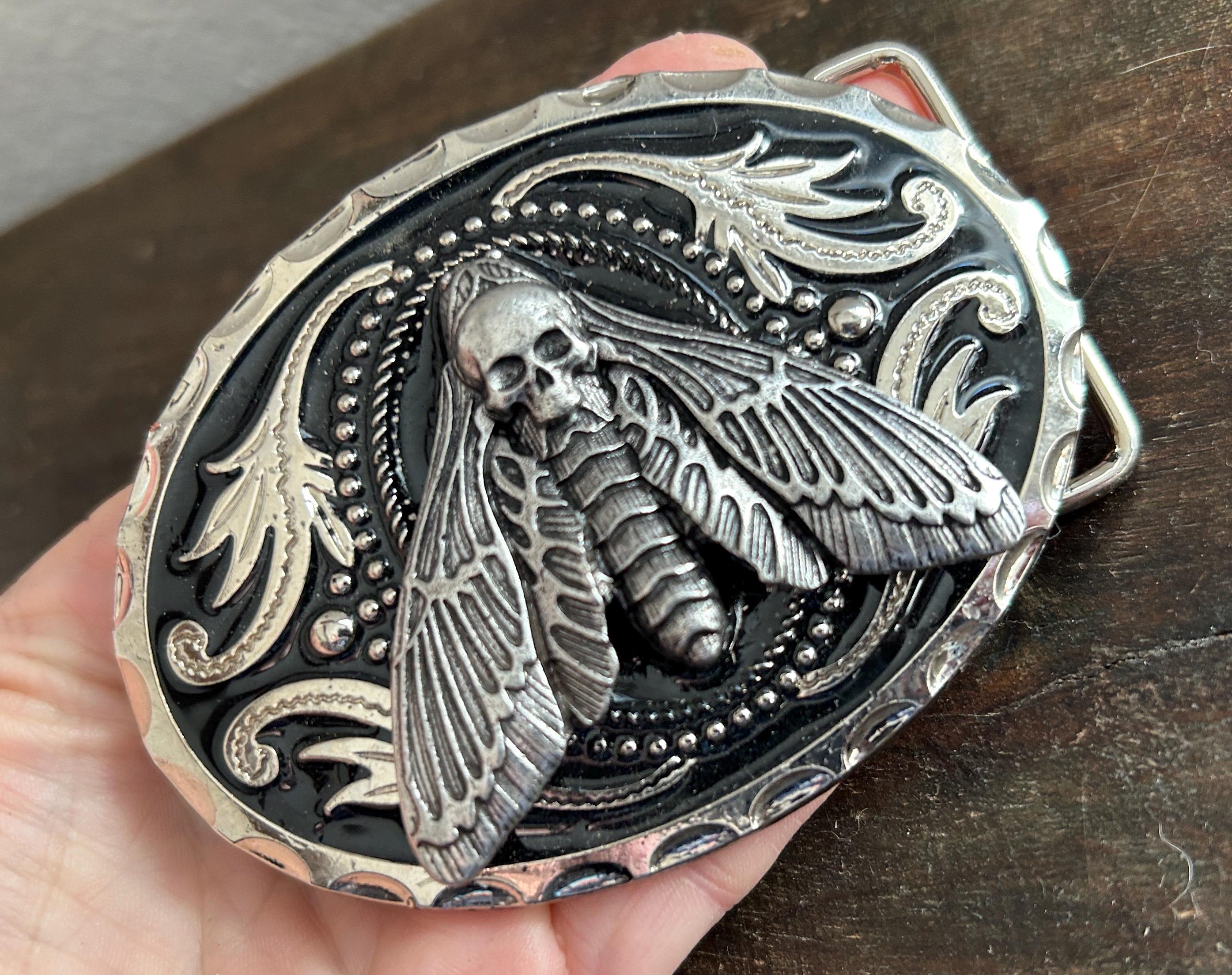 Western Moth Belt Buckle: Metal Skull Insect, Goth Punk 