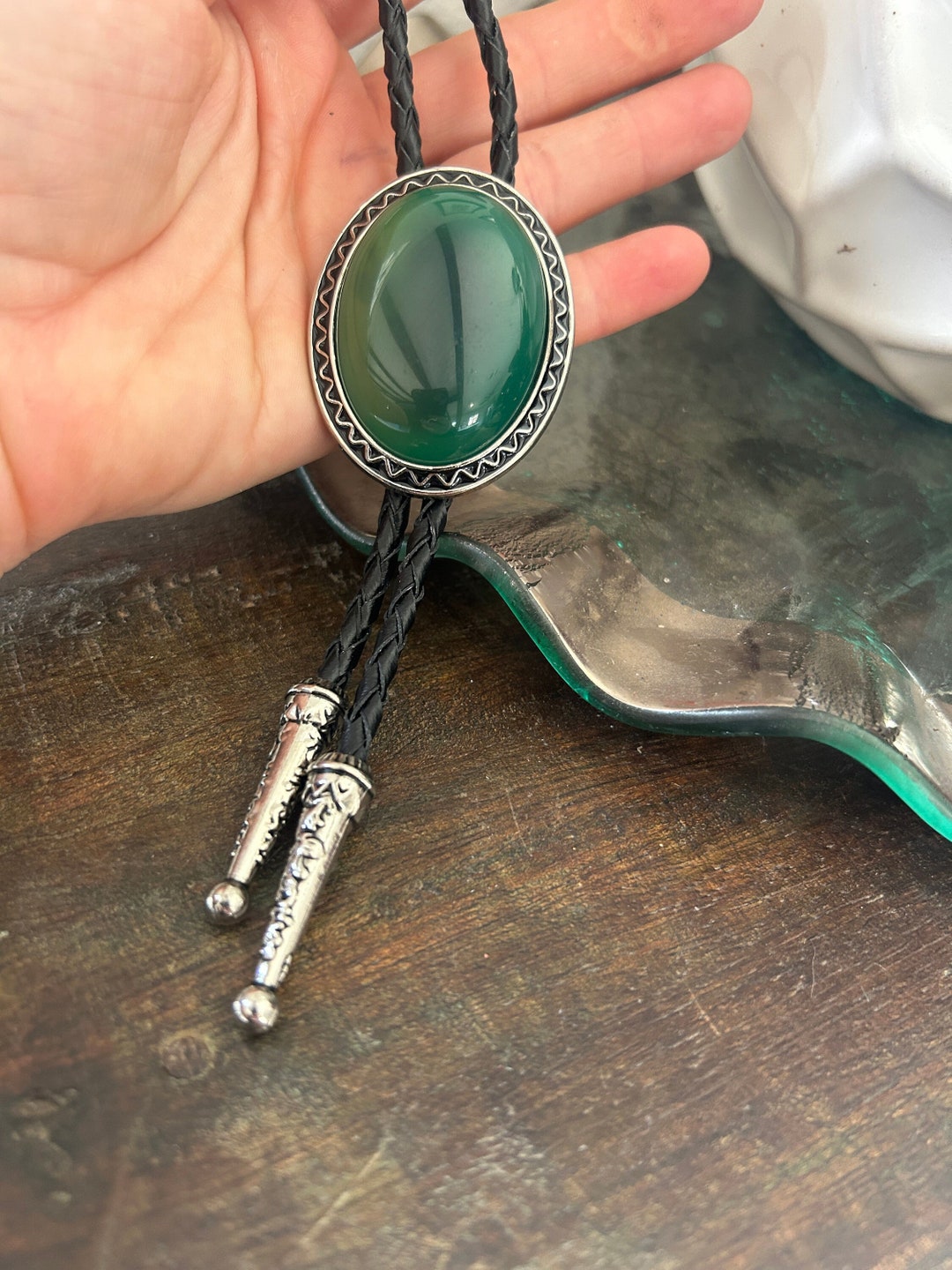 Southwestern Green Stone Bolo Tie Gifts for Him Cabochon Indian