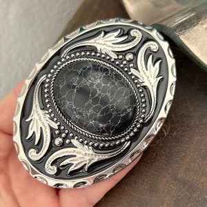 Black Stone Belt Buckle White Vein Agate Western Design Cabochon Oval Round Silver Engraved Mens Woman Wedding Accessories Ladies New image 3