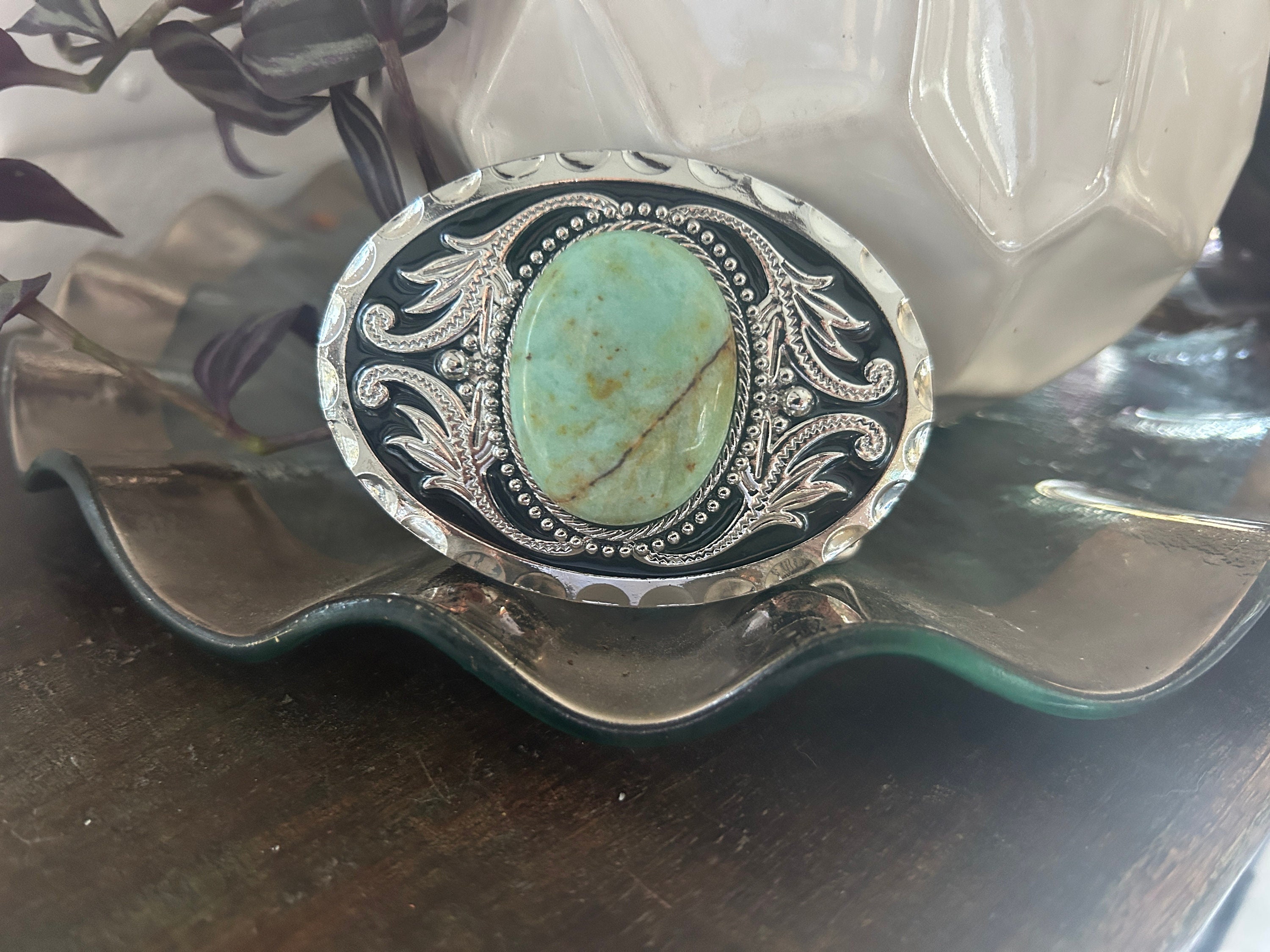 Stunning Turquoise Belt Buckle - Western Design - Cabochon - Women's  - Round - Silver Engraved Mans Ladies Woman Wedding Accessories Ladies
