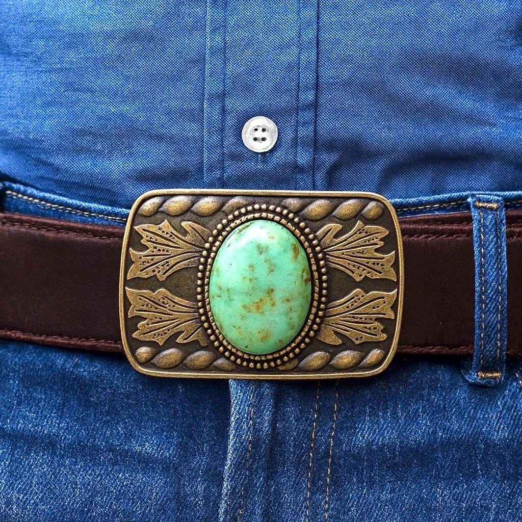 Vintage Western Belt Buckle Turquoise & Gold Tone Stamped Metal USA Vintage Western Belt Buckle: Turquoise, Gold Flakes & Silver  main image 2