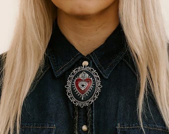Sacred Heart Bolo Tie: Rose, Gothic Western Leather Necktie