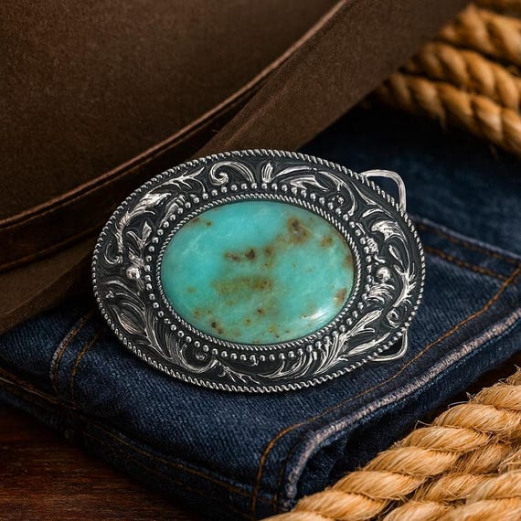 アンティーク 銀製 ターコイズ付きベルトバックル