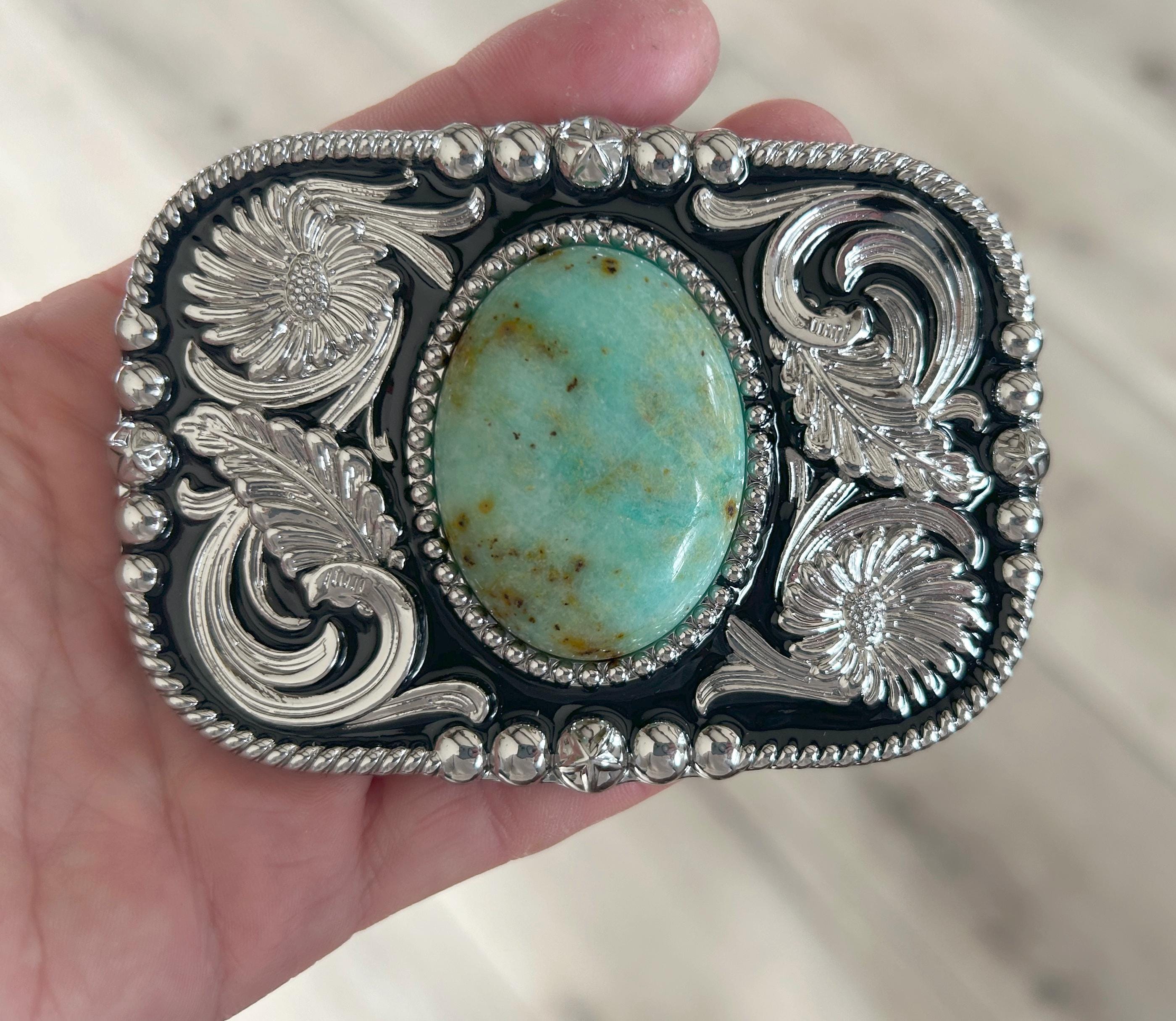 Vintage Teal Stretch Waist Belt Silver Southwestern Buckle Boho Western Western Turquoise Belt Buckle – Cowboy Rodeo Silver Buckle  main image 2