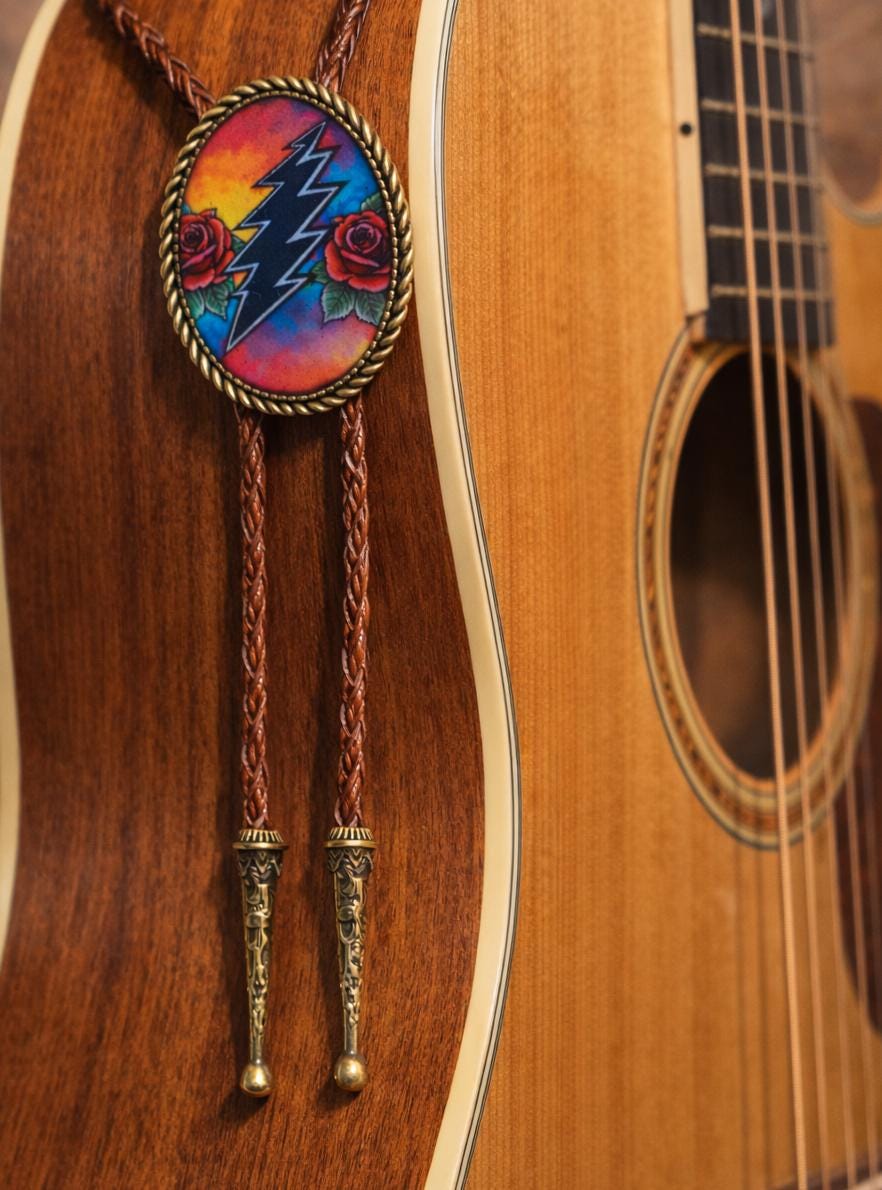 Tie Rocks With String Lightning Bolt & Rose Bolo Tie - Rock N Roll Western Leather Necktie ...
