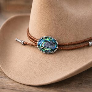 Abalone Muschel-Hutband | Geflochtene Lederschnur, Goldspitzen, Western Boho Style