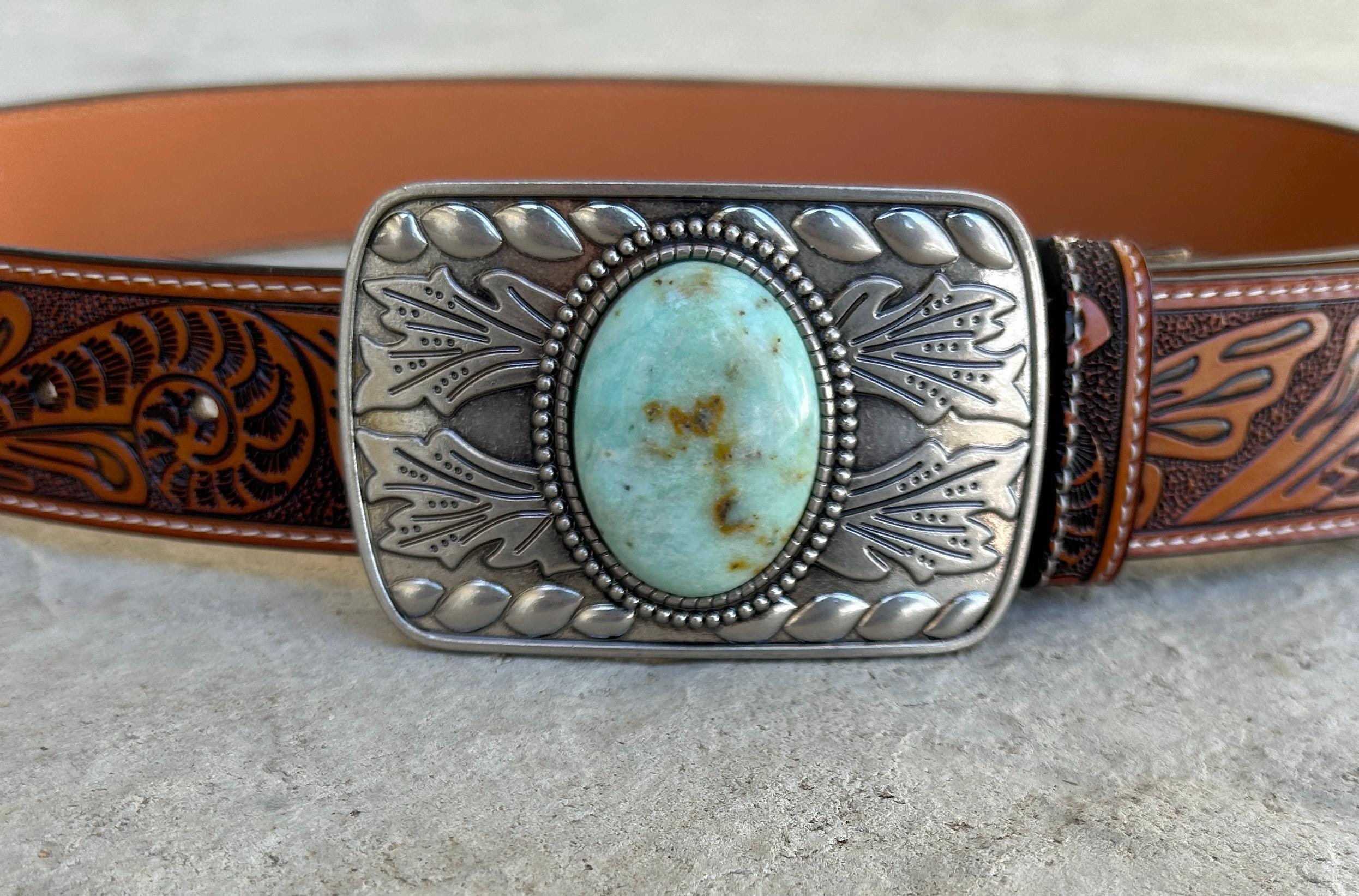 Tooled Brown Leather Belt : Turquoise Stone Western Buckle  display picture 1