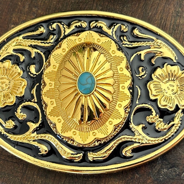 Golden Turquoise Belt Buckle - Western Design Cabochon Women's  Oval Cameo - Gold Engraved - Floral Women Woman Show Accessories Flower