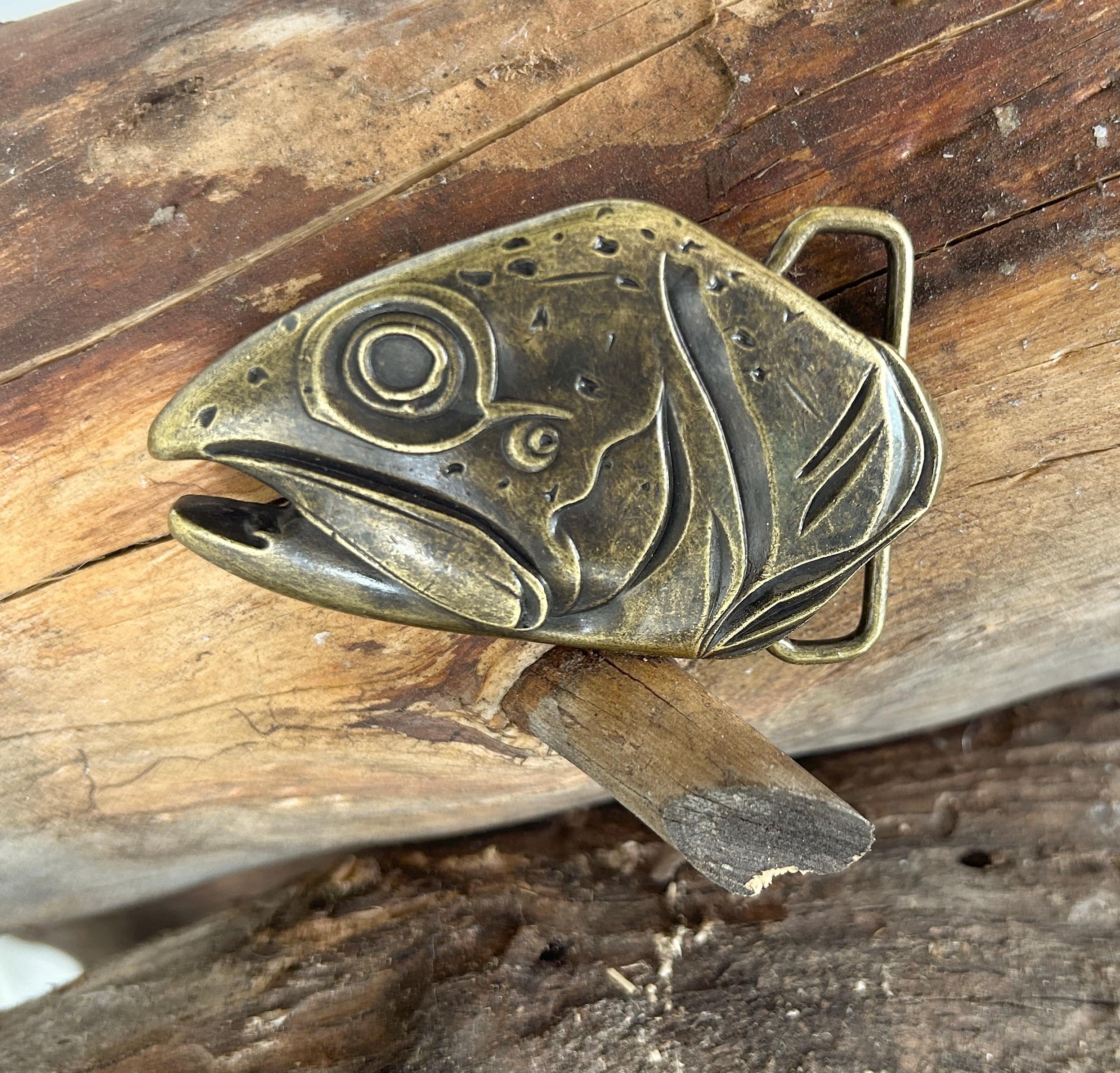 Beautiful Brass Fish Belt Buckle - Trout Salmon Head Rainbow River Fisherman Alaska Montana Sport Fishing Artist Mens Lake Nautical Gift Fly