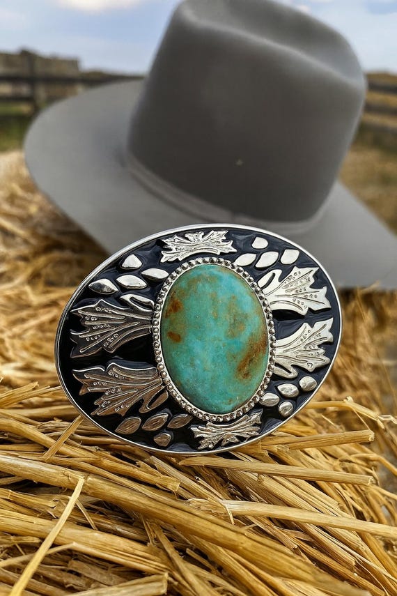 Turquoise Western Belt Buckle : Silver Engraved Western  display picture 3