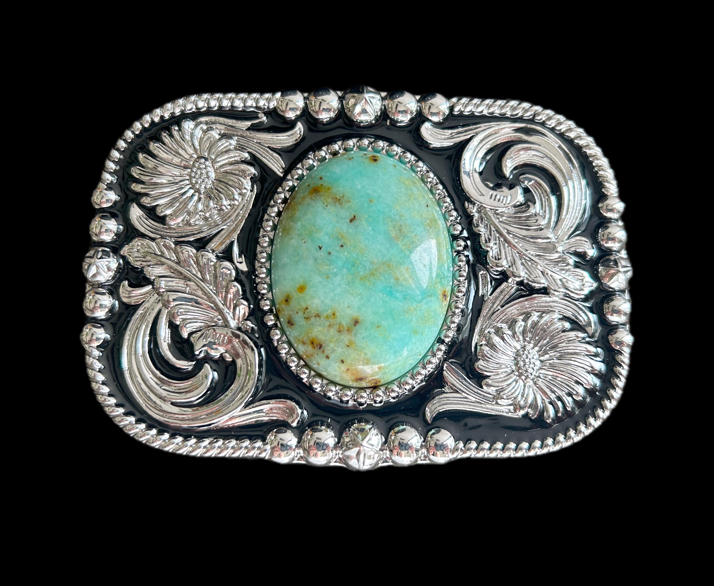 Teal Turquoise Stone Belt Buckle: Western Cowboy Silver 