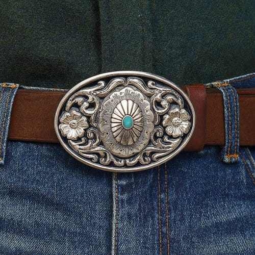 Turquoise Western Belt Buckle: Engraved Silver Oval Cabochon  display picture 3