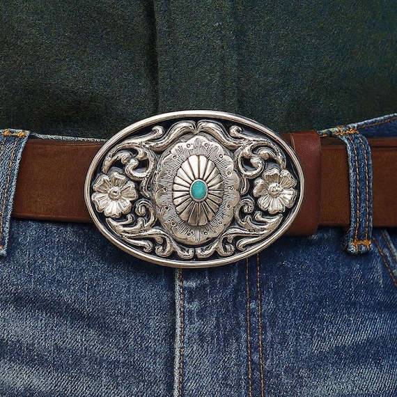 Turquoise Western Belt Buckle: Engraved Silver Oval Cabochon 