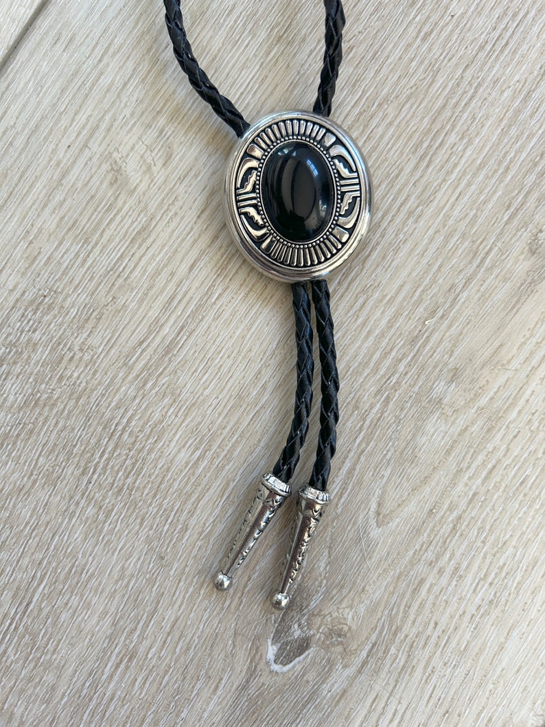 Southwestern Black Stone Bolo Tie Gifts for Him Cabochon Indian Leather Cowboy Necktie Accessories Mens Necklace Leather Cord Woven image 3