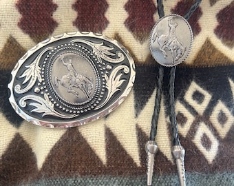 Bronco Western Bolo Tie and Buckle Set - Silver Gift ideas Inlay - Lariat  Leather Cowboy Necktie Mens Necklace Leather Rodeo Rider