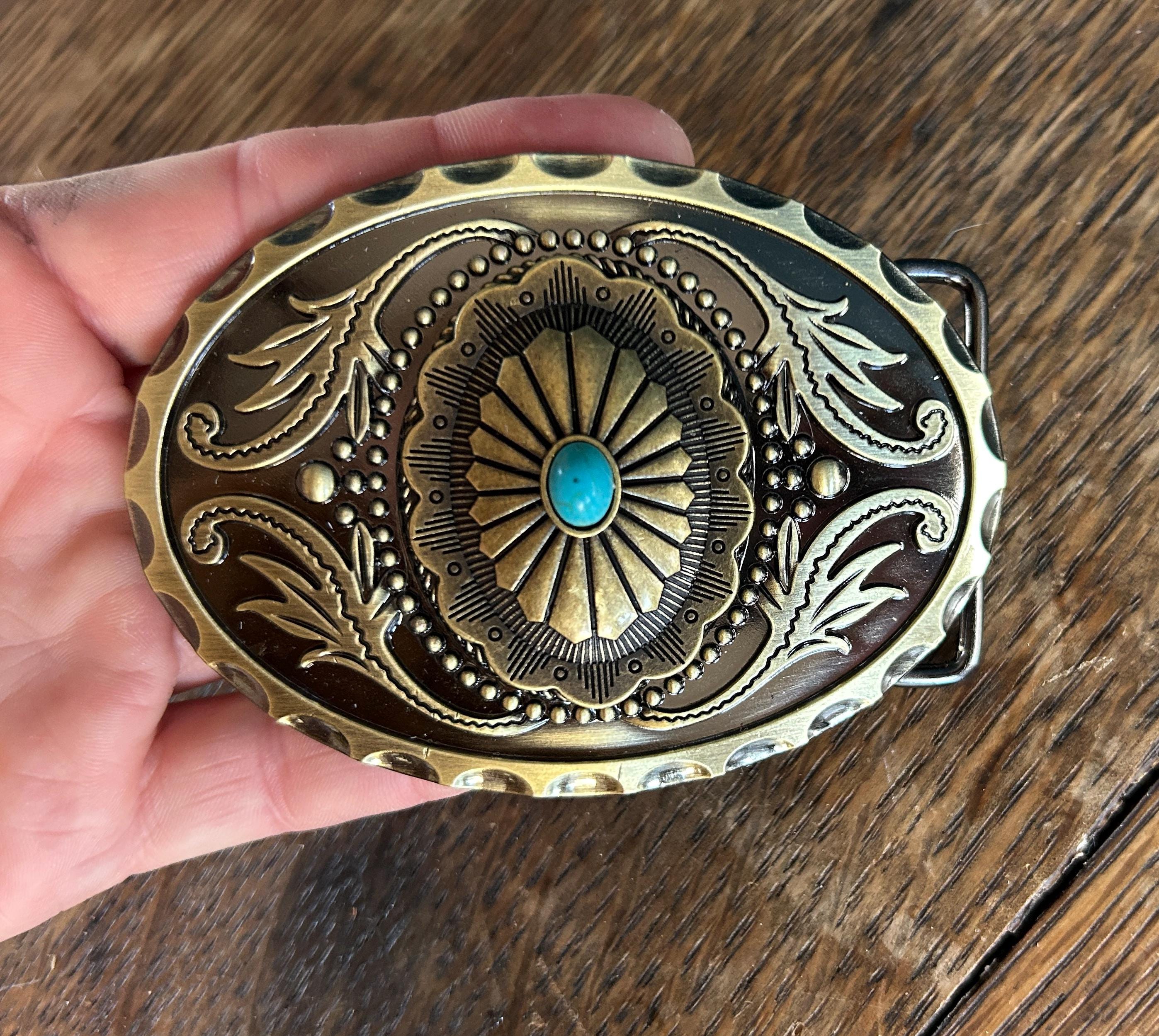 Turquoise Western Belt Buckle: Antique Brass Engraved Oval 