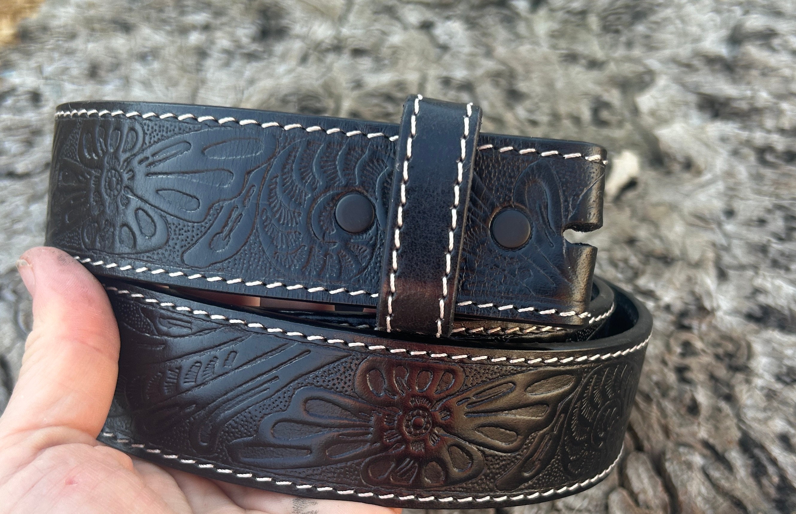 Black Tooled Leather Belt Strap: Full Grain Western Style ...
