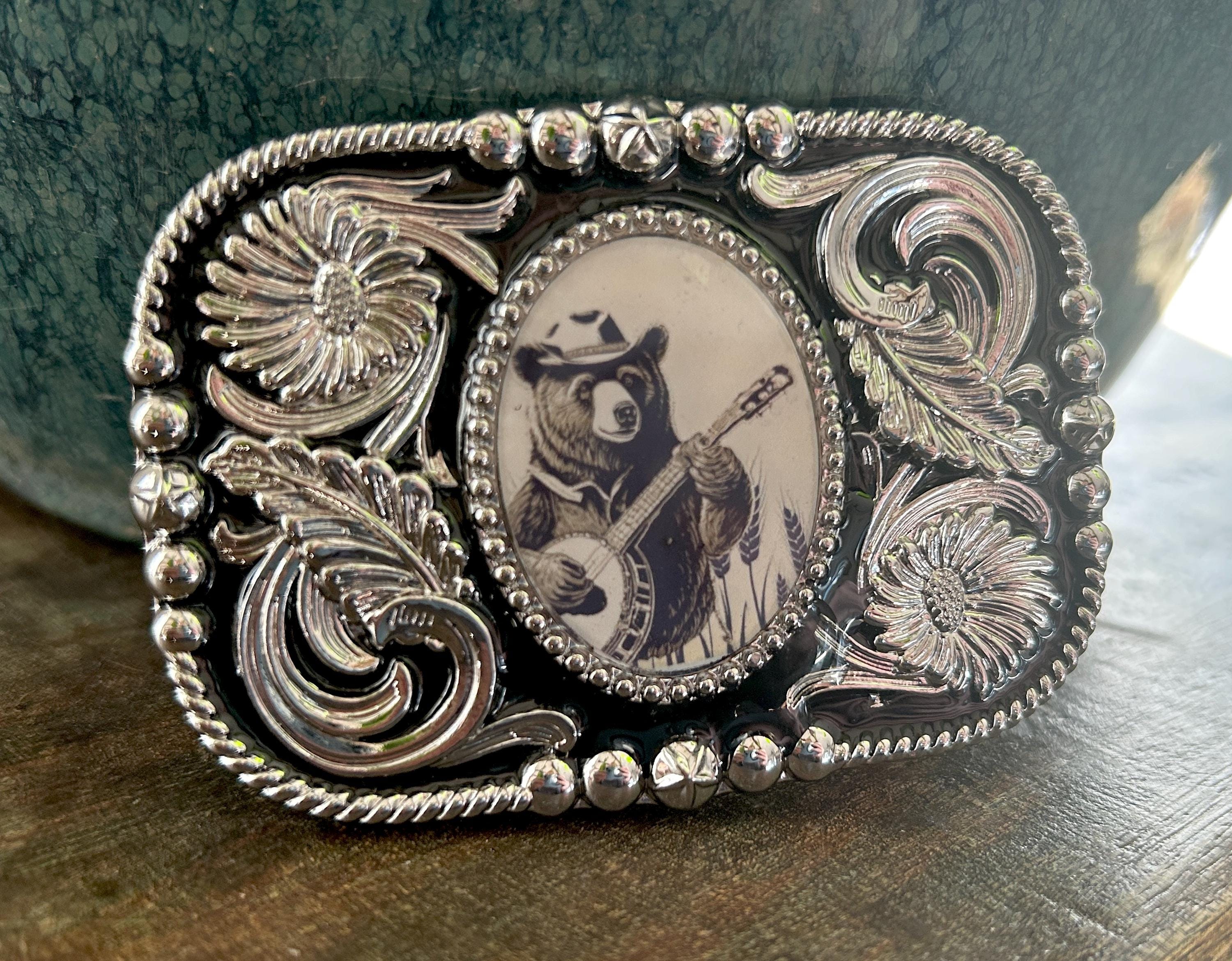 Vintage Style Bear Belt Buckle: Banjo Player, Fits 1.5 